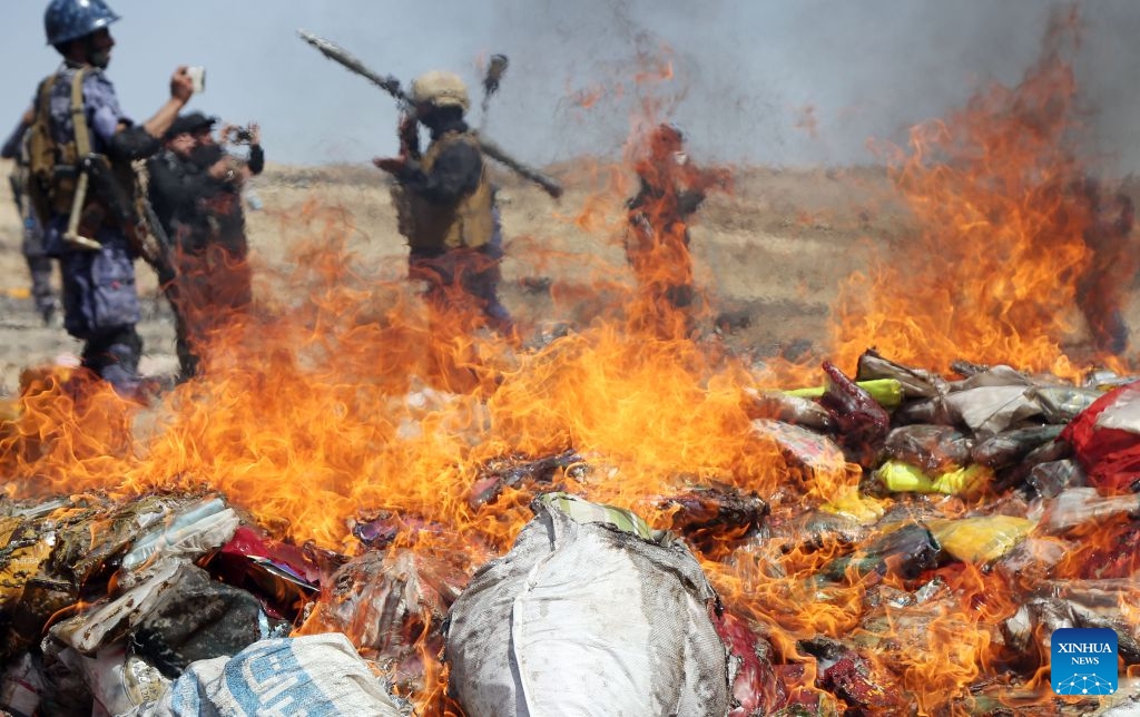 Illicit narcotics are burned in Saada, Yemen, on June 29, 2026. Houthi authorities destroyed tonnes of seized narcotics here on Monday. (Photo: Xinhua)