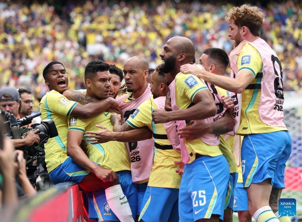 Casemiro (2nd L) of Brazil celebrates a goal with teammates during the round of 32 match between Brazil and Japan at the 2026 FIFA World Cup at Houston Stadium in Houston, the United States, June 29, 2026. (Photo: Xinhua)