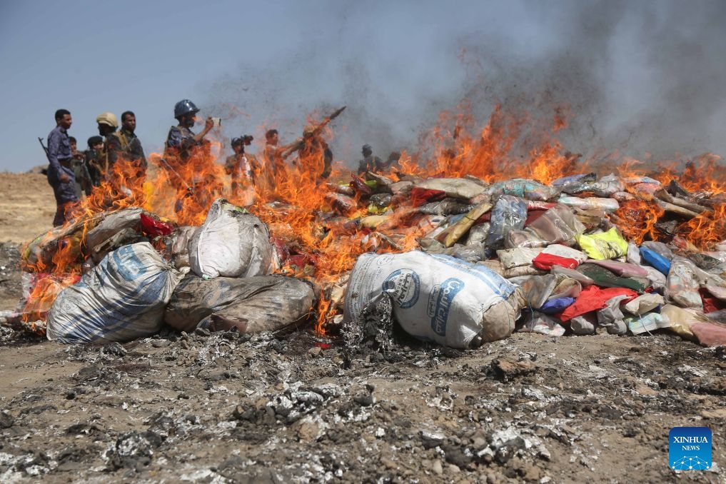 Illicit narcotics are burned in Saada, Yemen, on June 29, 2026. Houthi authorities destroyed tonnes of seized narcotics here on Monday. (Photo: Xinhua)