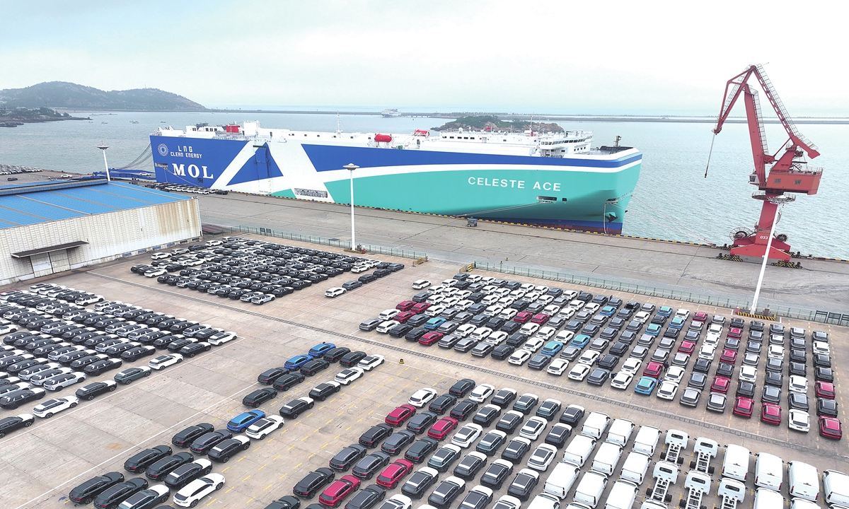 A ro-ro vessel loads electric vehicles for export at a berth of Lianyungang Port's Dongfang Port Branch in Lianyungang, East China's Jiangsu Province, on May 15, 2026. Photo: VCG