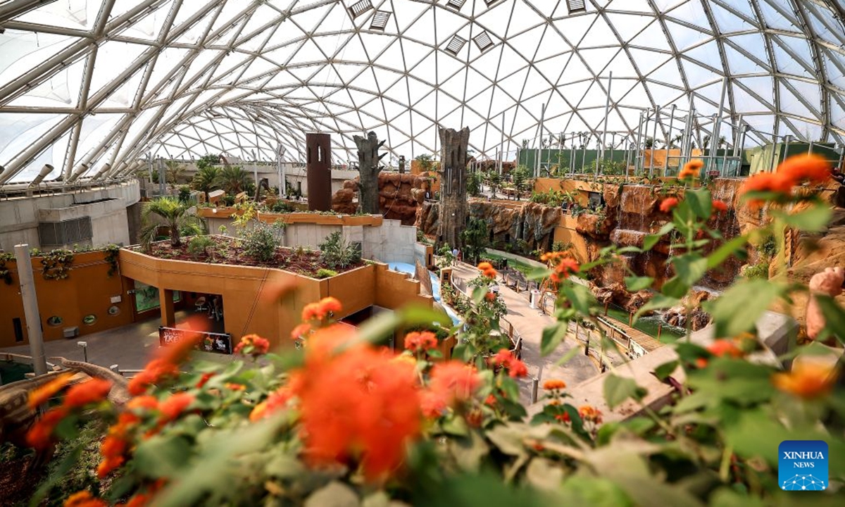 This photo taken on June 30, 2026 shows the interior view of the Biodome at the Budapest Zoo and Botanical Garden in Budapest, Hungary. The Budapest Zoo and Botanical Garden on Tuesday inaugurated its long-awaited Biodome, an indoor tropical exhibition dubbed the Urban Oasis. (Photo by David Balogh/Xinhua)