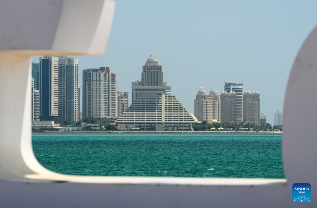 This photo taken on June 30, 2026 shows a view of the Sheraton Grand Doha Resort & Convention Hotel at the West Bay district in Doha, Qatar. (Photo by Nikku/Xinhua)