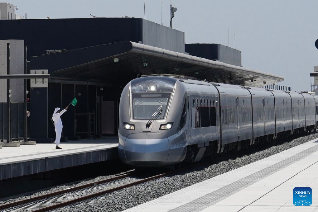 A passenger train is tested during trial operations of the United Arab Emirates' first passenger railway, Etihad Rail, at a railway station in Fujairah, the United Arab Emirates, June 8, 2026. (Xinhua/Xia Xiao)