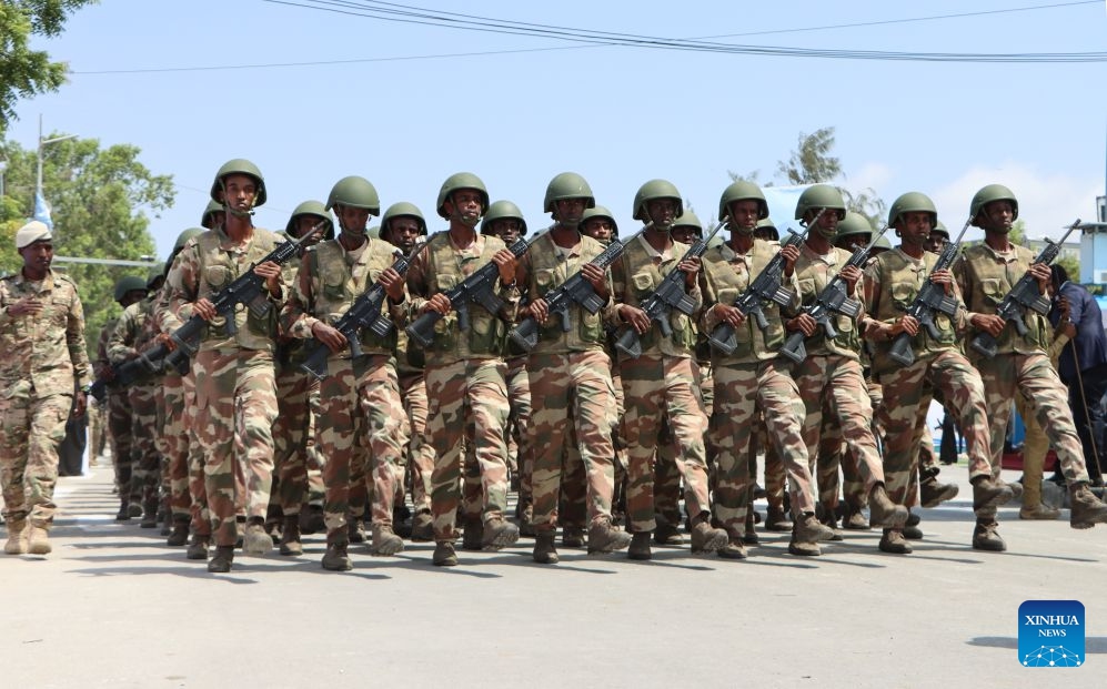 Soldiers march during celebrations marking the 66th anniversary of Somalia's independence in Mogadishu, Somalia, July 1, 2026. (Photo: Xinhua)