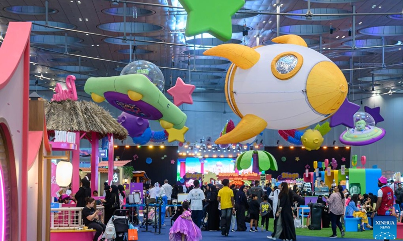 People visit the Qatar Toy Festival 2026 at Doha Exhibition and Convention Center (DECC) in Doha, Qatar, July 1, 2026. The festival opened here on Wednesday, and will run until July 31. (Photo: Xinhua)