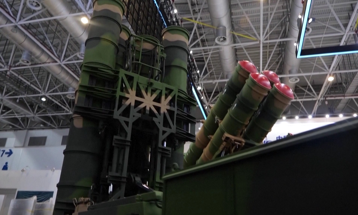 The HQ-9BE air defense missile system is displayed at the 14th China International Aviation and Aerospace Exhibition, also known as Airshow China, in Zhuhai, South China's Guangdong Province, on October 31, 2022. Photo: VCG