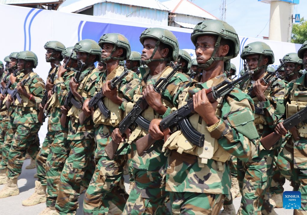 Soldiers march during celebrations marking the 66th anniversary of Somalia's independence in Mogadishu, Somalia, July 1, 2026. (Photo: Xinhua)