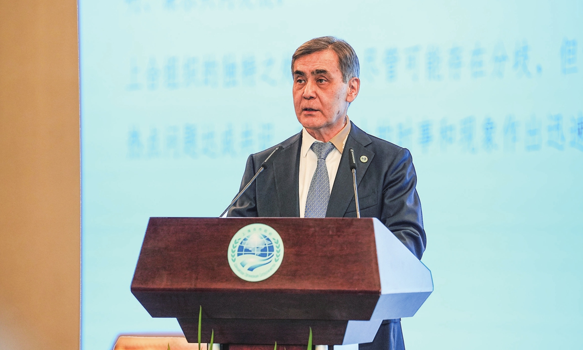SCO Secretary-General Nurlan Yermekbayev gives a keynote speech at the 25th anniversary of the Shanghai Cooperation Organisation in Beijing on June 15, 2026. Photo: Courtesy of the SCO Secretariat