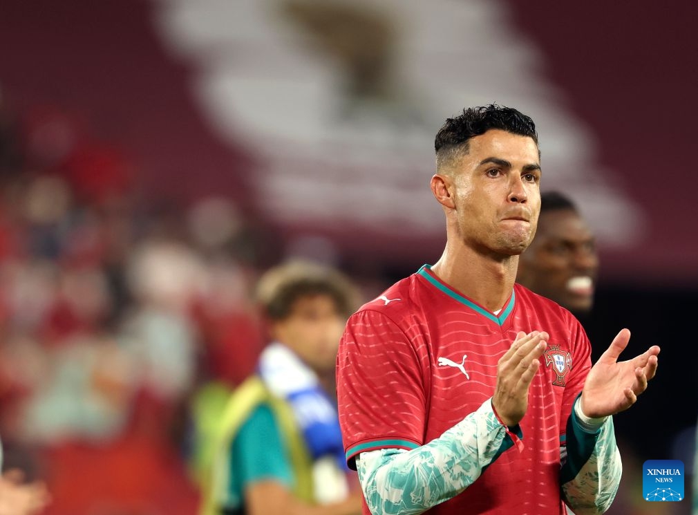 Cristiano Ronaldo of Portugal wears a jersey of the late Diogo Jota, who died last year, after the round of 32 match between Portugal and Croatia at the 2026 FIFA World Cup at Toronto Stadium in Toronto, Canada, July 2, 2026. (Photo by Zou Zheng/Xinhua)