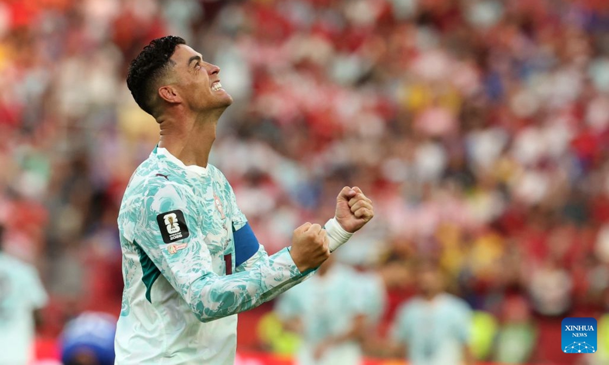 Cristiano Ronaldo of Portugal celebrates after scoring their first goal during the round of 32 match between Portugal and Croatia at the 2026 FIFA World Cup at Toronto Stadium in Toronto, Canada, July 2, 2026. (Photo by Zou Zheng/Xinhua)