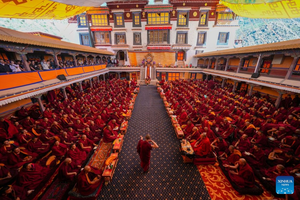 A preliminary examination for the Geshe Lharampa is held at the Drepung Monastery in Lhasa, southwest China's Xizang Autonomous Region, July 2, 2026.

A total of 13 monks from multiple monasteries are in the process of completing a preliminary examination for the Geshe Lharampa, the highest academic degree in the exoteric teachings of the Gelug school of Tibetan Buddhism.

Geshe Lharampa, which means intellectual in the Tibetan language, is the equivalent of a doctoral degree in modern education. (Xinhua/Jigme Dorje)