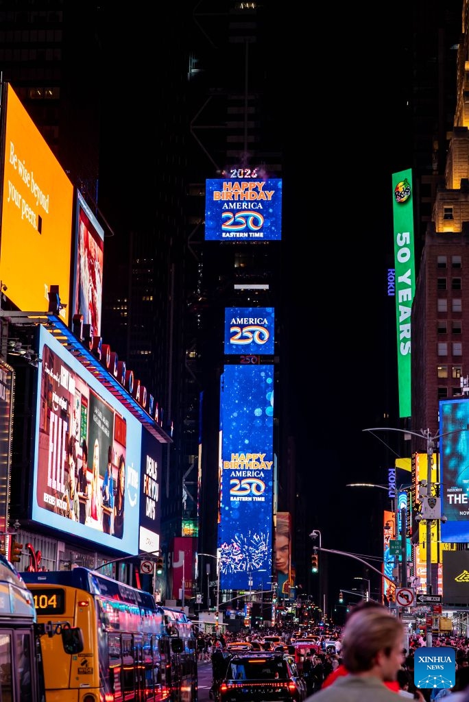 This photo taken on July 4, 2026 shows a scene after the Times Square ball dropped to mark the arrival of the Fourth of July in the Eastern Time zone, in New York, the United States. The ball descends eight times with a rolling countdown from Friday to Saturday to celebrate America's 250th anniversary. (Photo: Xinhua)