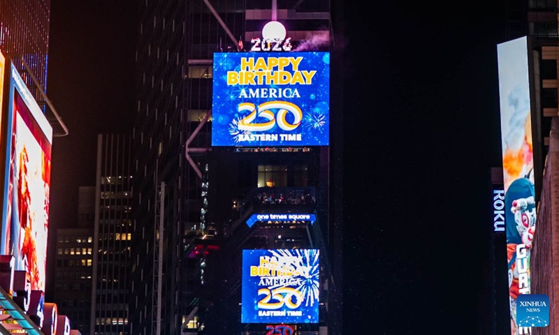 This photo taken on July 4, 2026 shows a scene after the Times Square ball dropped to mark the arrival of the Fourth of July in the Eastern Time zone, in New York, the United States. The ball descends eight times with a rolling countdown from Friday to Saturday to celebrate America's 250th anniversary. (Photo: Xinhua)