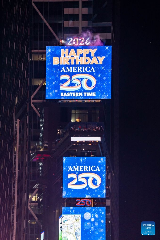 This photo taken on July 4, 2026 shows a scene after the Times Square ball dropped to mark the arrival of the Fourth of July in the Eastern Time zone, in New York, the United States. The ball descends eight times with a rolling countdown from Friday to Saturday to celebrate America's 250th anniversary. (Photo: Xinhua)