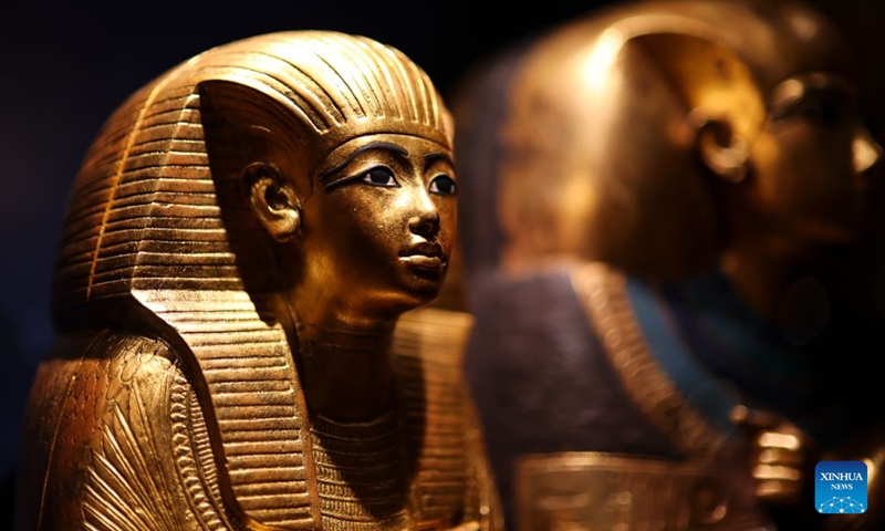 Exhibits are displayed during the exhibition Tutankhamun - His Tomb and His Treasures in Paris, France, July 4, 2026. The exhibition runs from July 3 to Sept. 6, with more than 1,000 scientifically reconstructed replicas recreating the discovery of the tomb of the ancient Egyptian pharaoh Tutankhamun. (Xinhua/Wu Huiwo)