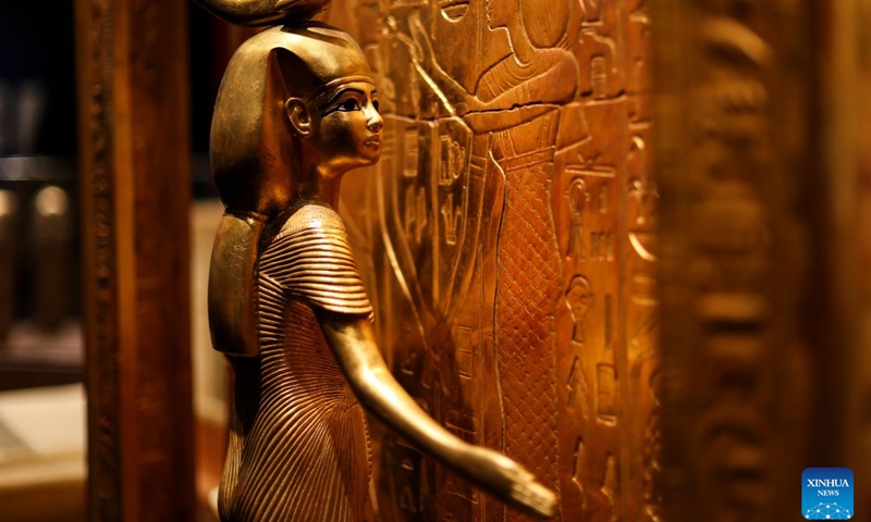Exhibits are displayed during the exhibition Tutankhamun - His Tomb and His Treasures in Paris, France, July 4, 2026. The exhibition runs from July 3 to Sept. 6, with more than 1,000 scientifically reconstructed replicas recreating the discovery of the tomb of the ancient Egyptian pharaoh Tutankhamun. (Xinhua/Wu Huiwo)