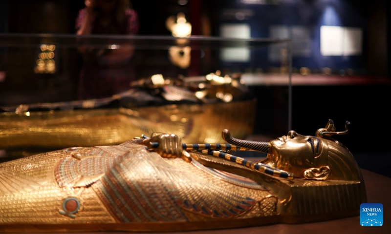 Exhibits are displayed during the exhibition Tutankhamun - His Tomb and His Treasures in Paris, France, July 4, 2026. The exhibition runs from July 3 to Sept. 6, with more than 1,000 scientifically reconstructed replicas recreating the discovery of the tomb of the ancient Egyptian pharaoh Tutankhamun. (Xinhua/Wu Huiwo)