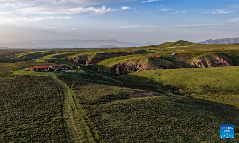 An aerial drone photo taken on July 5, 2026 shows a grassland at the northern foothills of the Qilian Mountains in Sunan Yugur Autonomous County of Zhangye, northwest China's Gansu Province. (Xinhua/Lang Bingbing)

