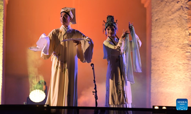 Chinese artists perform during the 55th National Festival of Popular Arts in Marrakech, Morocco, July 4, 2026.
Held from July 2 to 6, the festival brought together folk art troupes from around the world, serving as an important platform for multicultural exchange and dialogue. China's Fujian Province sent an artistic delegation to the event, showcasing traditional Chinese folk arts. (Photo by Aissa/Xinhua)