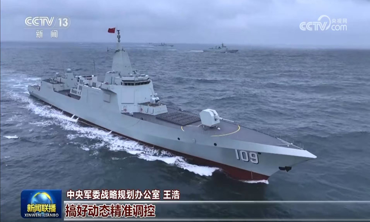 Two new Type 055 large destroyers of the Chinese People's Liberation Army Navy, the Hull 109 Dongguan and the Hull 110 Anqing, conducting joint training at sea with other vessels, are featured in a report aired by Xinwen Lianbo, a news program produced by China Central Television, on March 8, 2026. File photo: Screenshot of the Xinwen Lianbo
