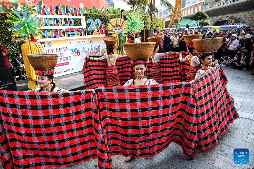 Participants perform a traditional Filipinos dance during the Jakarta World FolkFest 2026 in Jakarta, Indonesia, on July 5, 2026. The international folk arts and cultural festival promotes cultural exchange, international friendship, and the preservation of folk traditions. (Photo: Xinhua)