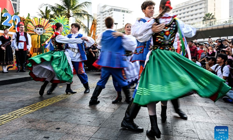 Participants perform a traditional Filipinos dance during the Jakarta World FolkFest 2026 in Jakarta, Indonesia, on July 5, 2026. The international folk arts and cultural festival promotes cultural exchange, international friendship, and the preservation of folk traditions. (Photo: Xinhua)