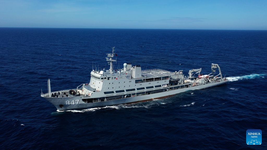 A drone photo taken on April 16, 2026 shows the China's submarine rescue ship Yangcheng Lake that joins the Joint Sea-2026 naval exercise launched by China and Russia. China and Russia on Monday launched the Joint Sea-2026 exercise at a military port in Qingdao. (Photo: Xinhua)