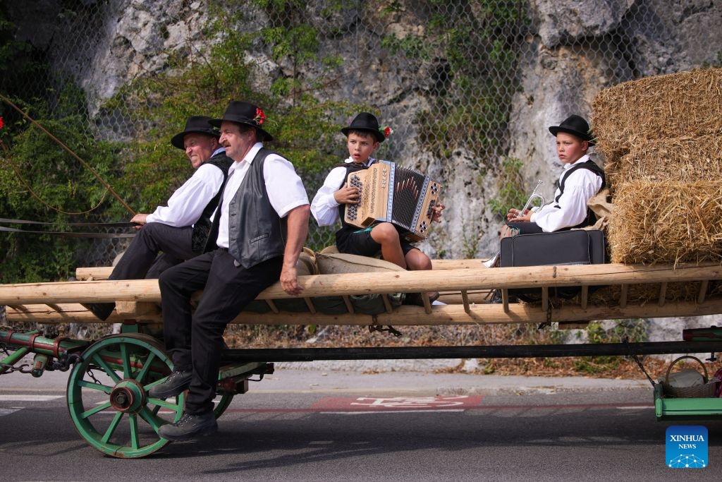 Participants drive a horse-drawn hay wagon during the 33rd Traditional Carters' Festival in Postojna, Slovenia, July 5, 2026. (Photo: Xinhua)