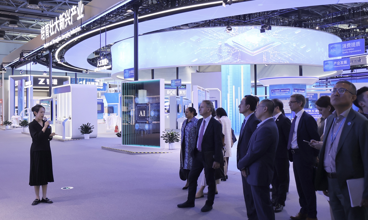 Officials from the UN system in China, domestic AI industry leaders, and experts visit the Zhongguancun Exhibition Center in Beijing on July 2, 2026. Photo: Lin Xiaoyi/GT