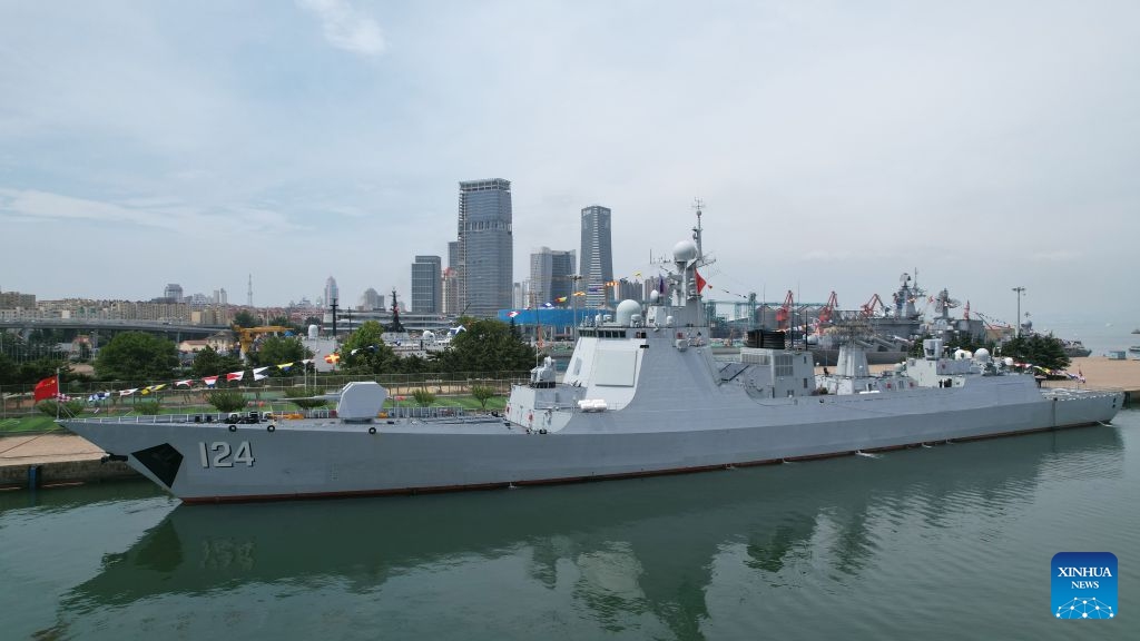 A drone photo taken on July 6, 2026 shows the China's guided-missile destroyer Kaifeng berthing at a military port in Qingdao, east China's Shandong Province. China and Russia on Monday launched the Joint Sea-2026 exercise at a military port in Qingdao. (Photo: Xinhua)