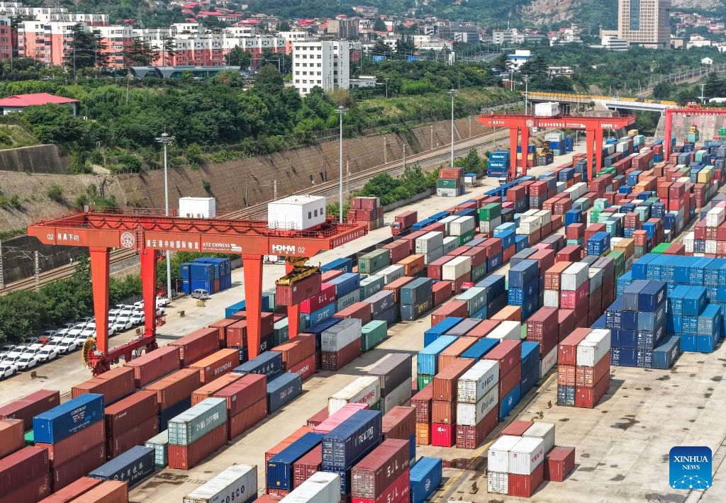 An aerial drone photo shows a view of the China-Kazakhstan (Lianyungang) Logistics Cooperation Base in Lianyungang, east China's Jiangsu Province, July 6, 2026. An international freight train loaded with auto parts departed from the China-Kazakhstan (Lianyungang) Logistics Cooperation Base for Uzbekistan on Monday, marking the 8,000th international freight train handled by the base since its operation. (Photo: Xinhua)
