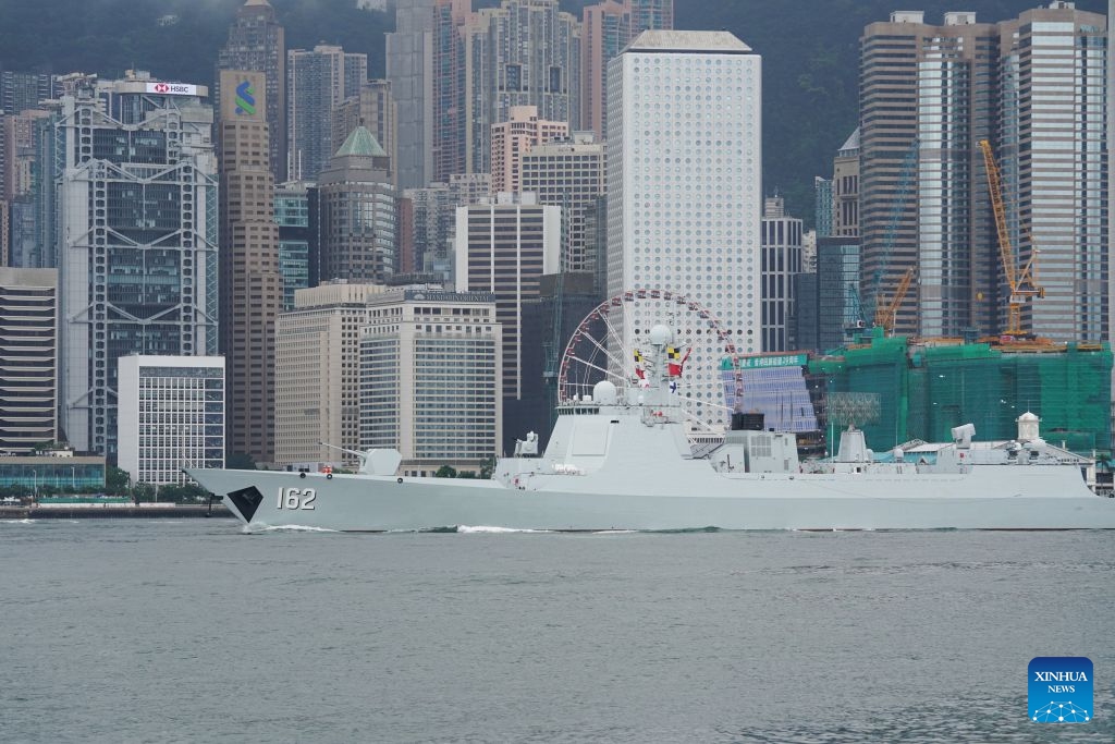 The guided-missile destroyer Nanning sails out of the Victoria Harbour in Hong Kong, south China, July 6, 2026. A fleet of the Chinese People's Liberation Army (PLA) Navy, consisting of guided-missile destroyer Nanning and guided-missile frigate Hengyang, left the Hong Kong Special Administrative Region (HKSAR) on Monday, wrapping up a five-day port call featuring open-ship events and cultural exchange activities. (Photo: Xinhua)
