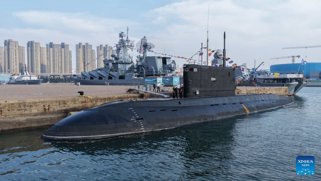 A drone photo taken on July 5, 2026 shows the Russia's submarine Ufa berthing at a military port in Qingdao, east China's Shandong Province. China and Russia on Monday launched the Joint Sea-2026 exercise at a military port in Qingdao. (Photo: Xinhua)