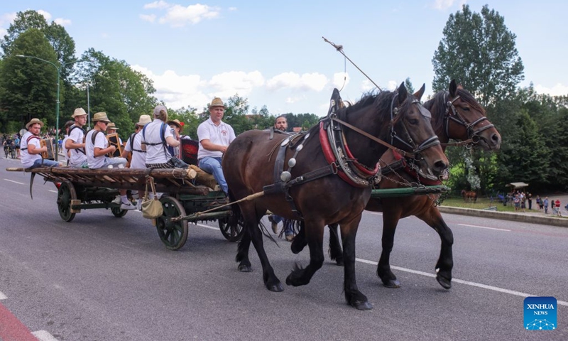Participants drive a horse-drawn ladder wagon during the 33rd Traditional Carters' Festival in Postojna, Slovenia, July 5, 2026. (Photo: Xinhua)