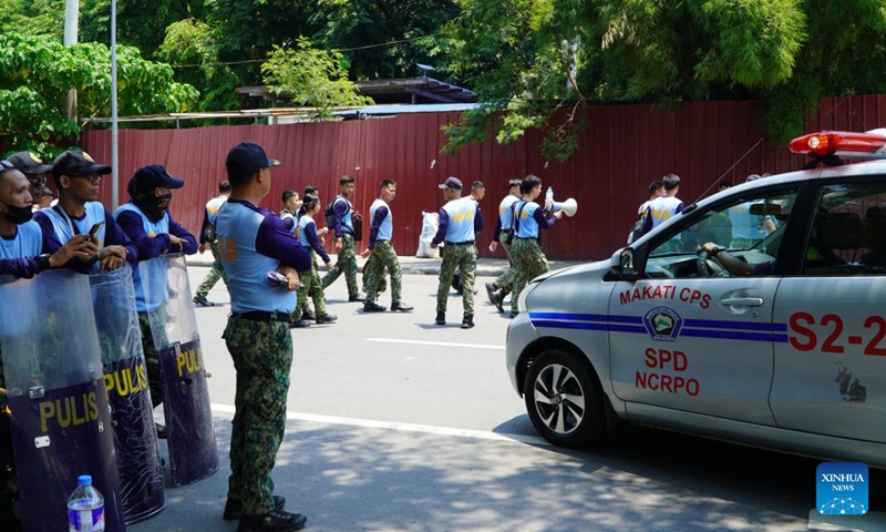 Policemen stand guard outside the Senate of the Philippines in Pasay City, the Philippines, July 6, 2026. The Philippine Senate on Monday commenced the impeachment trial against Vice President Sara Duterte. On May 11, the House of Representatives of the Philippines secured the required number of votes to impeach Sara Duterte. The Philippine Senate convened as an impeachment court on May 18, and the court held a pre-trial conference for the impeachment case in June. (Photo: Xinhua)