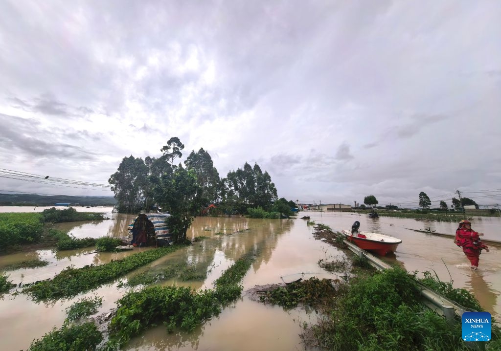 This photo taken on July 6, 2026 shows the flooded downstream areas of the Liulan Reservoir after it was breached due to heavy rains in Hengzhou, Nanning City, south China's Guangxi Zhuang Autonomous Region. A severe breach occurred at a reservoir in Hengzhou, Nanning City, in south China's Guangxi Zhuang Autonomous Region on Monday morning, prompting an immediate escalation of the emergency response, local authorities said. (Photo: Xinhua)
