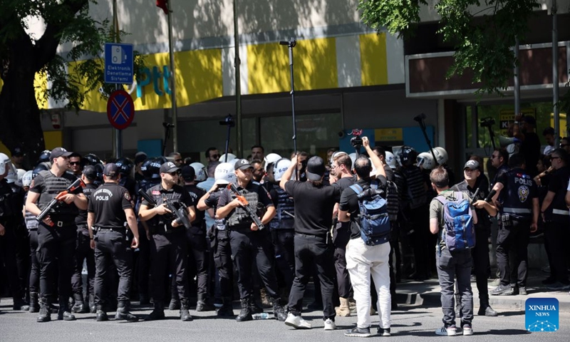 Protesters take part in a demonstration during the NATO summit in Ankara, Türkiye, July 7, 2026. Anti-NATO rallies were held in Ankara, where students, socialist groups and lawmakers gathered to protest the alliance's expanding defense budgets. (Photo: Xinhua)