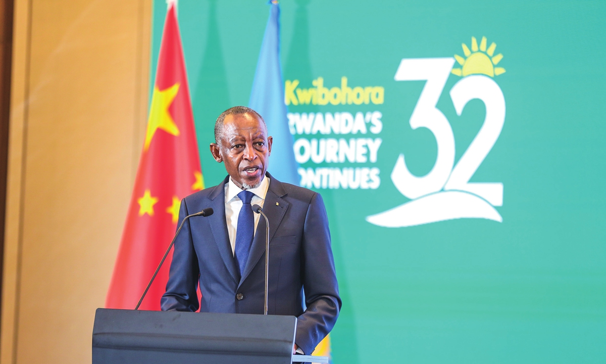 Rwandan Ambassador to China James Kimonyo gives opening remarks at the Kwibohora32 in Beijing on July 3, 2026. Photo: Courtesy of the Embassy of the Republic of Rwanda in China