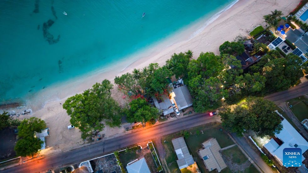 An aerial drone photo taken on July 6, 2026 shows a view of the west coast near Bridgetown, capital of Barbados. (Photo: Xinhua)