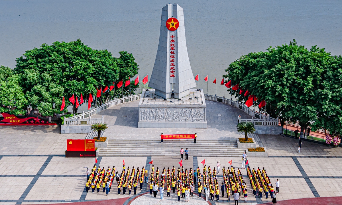 People gather at the memorial park marking the starting point of the Central Red Army's Long March in Yudu county, Jiangxi Province, in April 2025. Photo: VCG