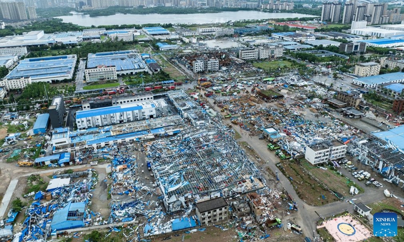 An aerial drone photo taken on July 7, 2026 shows a view of the tornado-hit area in Huanggang City, central China's Hubei Province. Rescue operations have been underway since the city was hit by an EF2 tornado on Monday evening. (Photo: Xinhua)