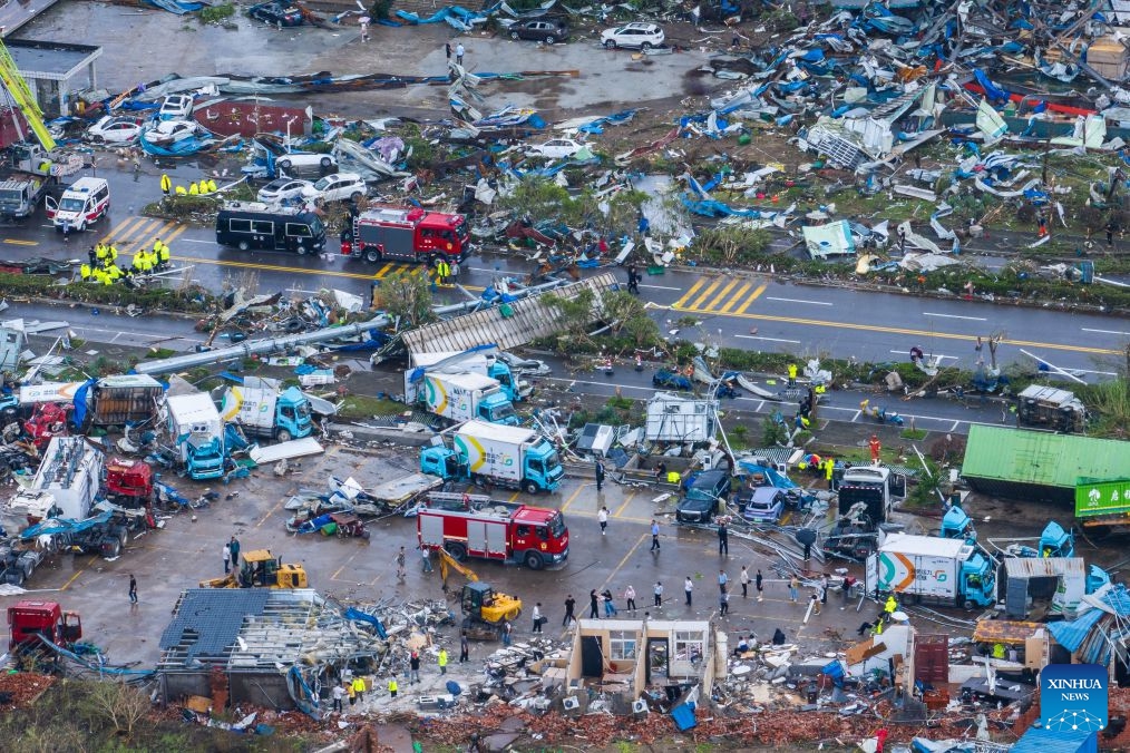 An aerial drone photo taken on July 7, 2026 shows a view of the tornado-hit area in Huanggang City, central China's Hubei Province. Rescue operations have been underway since the city was hit by an EF2 tornado on Monday evening. (Photo: Xinhua)