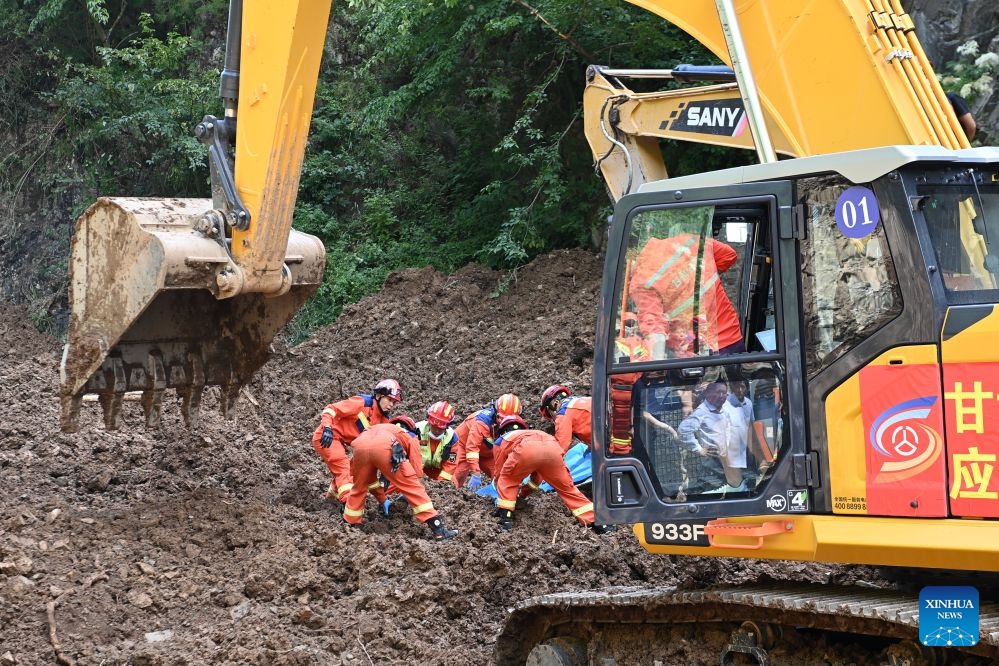 Rescuers work at the site of a landslide in a village in Nanhe Township, Tanchang County, Longnan City, northwest China's Gansu Province, July 7, 2026. (Photo: Xinhua)