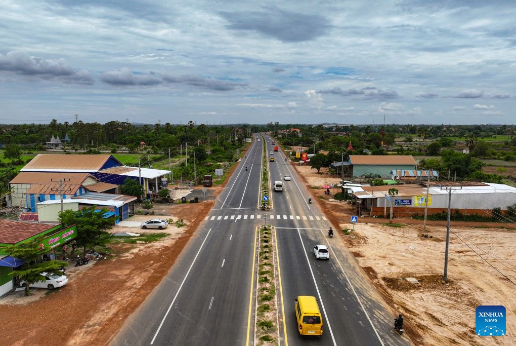 An aerial drone photo taken on May 29, 2026 shows a section of National Road 7 in Kampong Cham province, Cambodia. Cambodia on Tuesday inaugurated a section of the expanded China-funded National Road 7 here in the kingdom's central region, which was expected to boost regional trade and tourism. (Photo: Xinhua)
