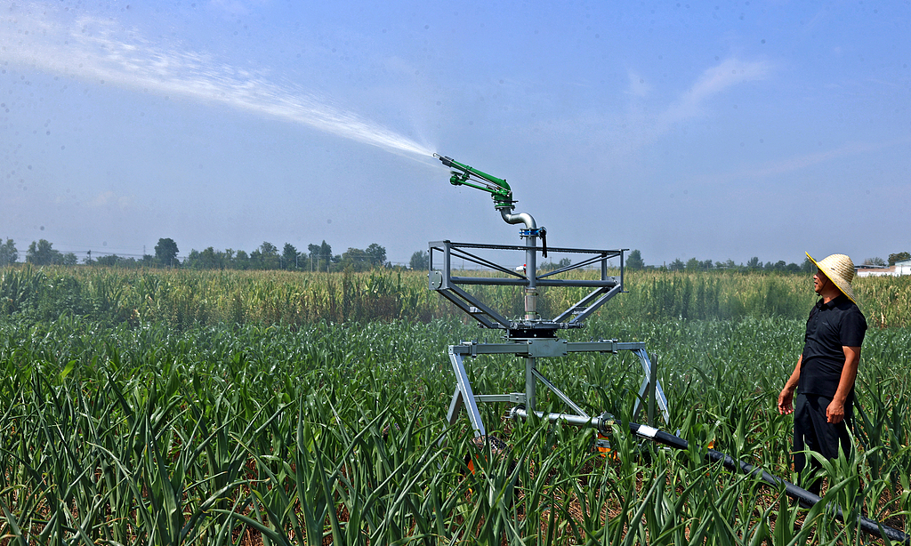 A pivot-style intelligent irrigation system irrigates a cornfield in Dali county, Northwest China's Shaanxi Province, on July 9, 2026. The equipment does not require pipeline installation and supports remote control via mobile phone. It can automatically move forward and spray in all directions, with a coverage radius of 40 meters, and can irrigate more than 3 mu of land per hour. Photo: VCG