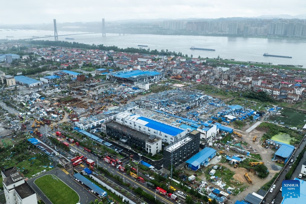 An aerial drone photo taken on July 7, 2026 shows a view of the tornado-hit area in Huanggang City, central China's Hubei Province. Rescue operations have been underway since the city was hit by an EF2 tornado on Monday evening. (Photo: Xinhua)