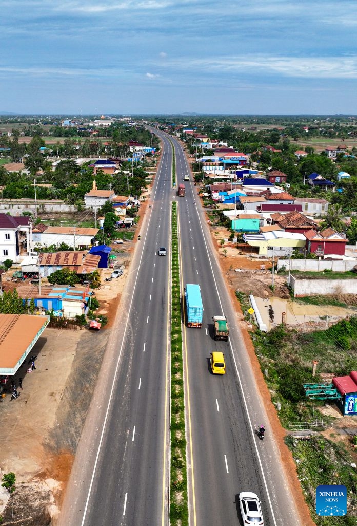 An aerial drone photo taken on May 29, 2026 shows a section of National Road 7 in Kampong Cham province, Cambodia. Cambodia on Tuesday inaugurated a section of the expanded China-funded National Road 7 here in the kingdom's central region, which was expected to boost regional trade and tourism. (Photo: Xinhua)