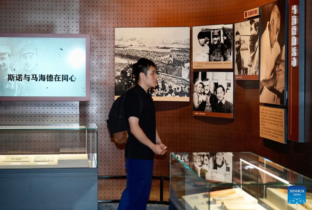 A family member of George Hatem, a U.S. doctor known in China by his Chinese name Ma Haide, visits a memorial hall of the Red Army in Tongxin County, northwest China's Ningxia Hui Autonomous Region, July 6, 2026. George Hatem visited the town together with Edgar Snow 90 years ago. Chinese and foreign participants, including family members of U.S. journalist Edgar Snow, visited Tongxin from July 6 to 7 during an event themed Retracing Snow's Route. (Photo: Xinhua)