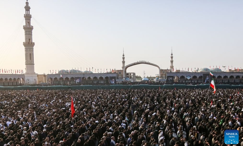 People attend a funeral ceremony for Iran's late Supreme Leader Ali Khamenei in Qom, Iran, July 7, 2026. (Photo: Xinhua)