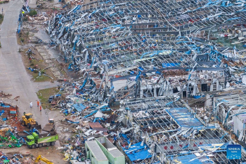 An aerial drone photo taken on July 7, 2026 shows a view of the tornado-hit area in Huanggang City, central China's Hubei Province. Rescue operations have been underway since the city was hit by an EF2 tornado on Monday evening. (Photo: Xinhua)